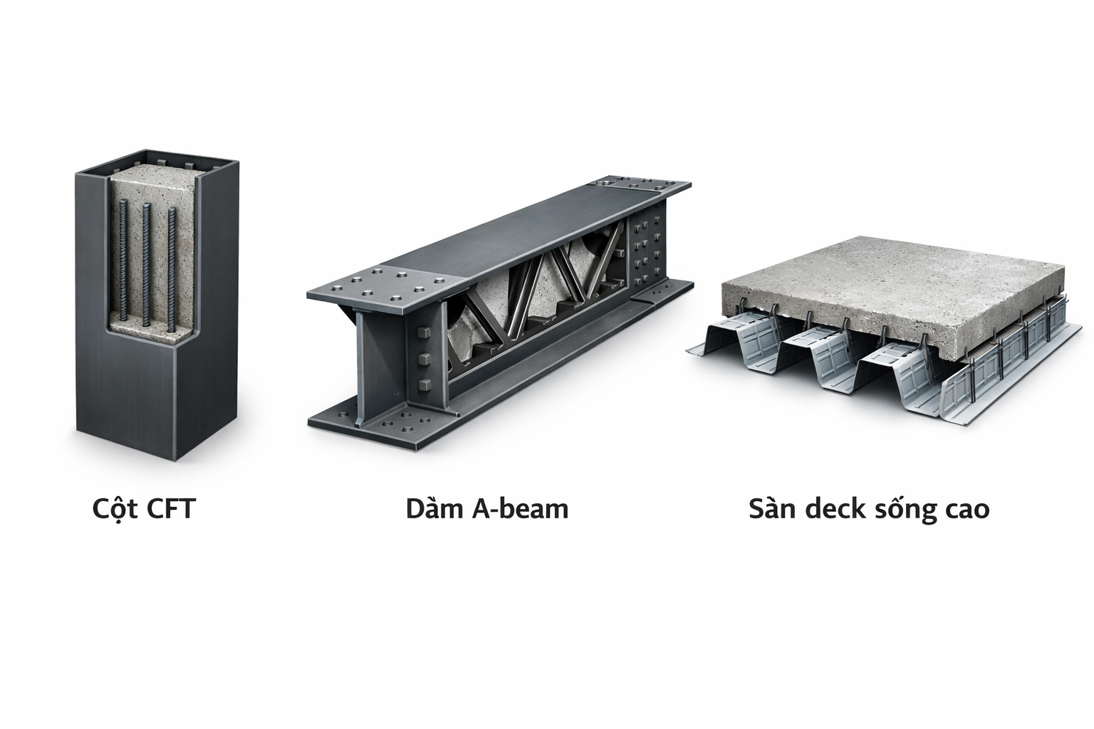 Cột CFT, dầm A-beam và sàn deck sống cao trong nhà A